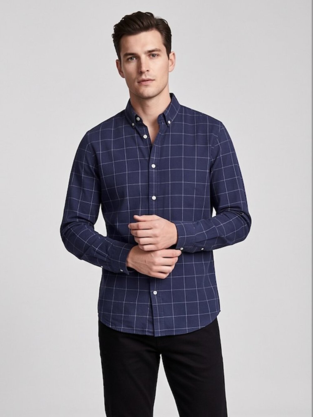 H&M Men's Navy Grid Check Button-Down Shirt | Slim Fit Cotton Dress Shirt